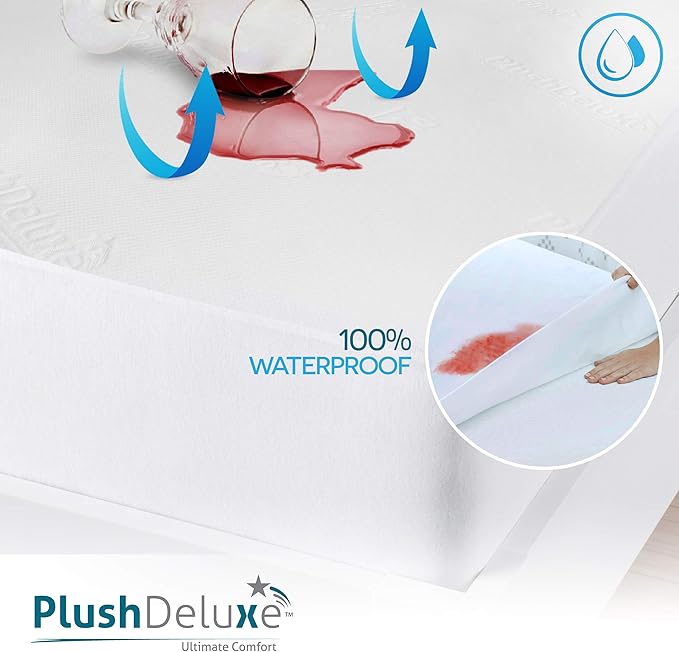 PlushDeluxe Premium Bamboo Mattress Protector – King Size, Waterproof, & Ultra Soft Breathable Noiseless Washable Bed Mattress Cover for Comfort & Protection - White