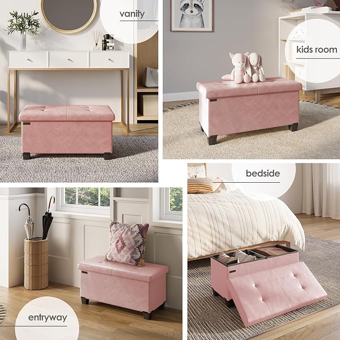 STORAGEBUD Storage Ottoman Bench with Bins, 30-in Storage Bench for Bedroom End of Bed, Folding Foot Rest Ottoman for Living Room Max 660lbs, Faux Leather Ottomans, Pink