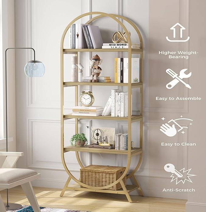 Bookshelf Arched Bookcase, Industrial 5 Tier Open Book Shelves with Metal Frame, 72" Tall Freestanding Display Rack for Home Office, Living Room,Nature Wood and Gold