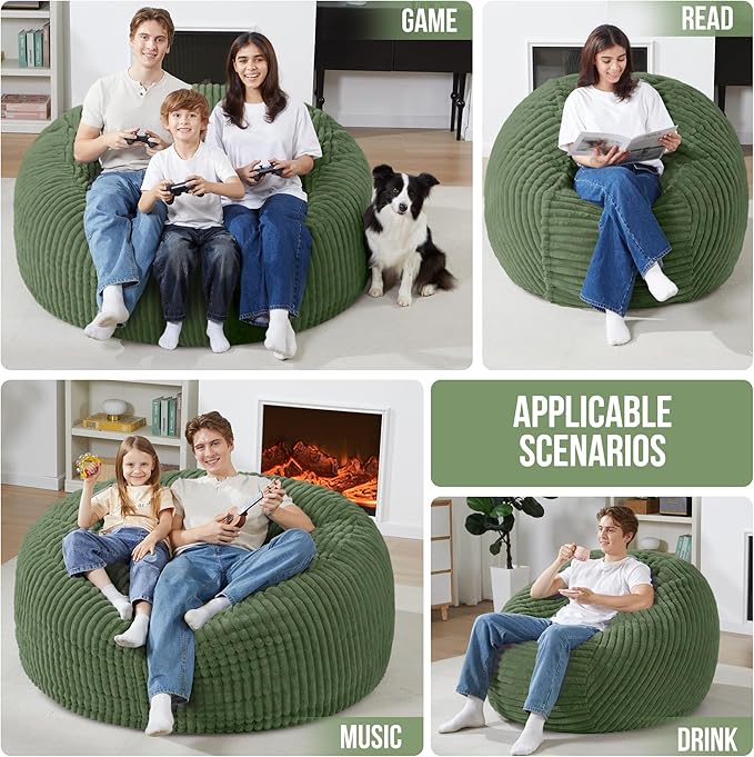 Homguava 4 FT Bean Bag Chair,4' Big Bean Bag,Large Bean Bag Chairs for Adults with Memory Foam Filled,Comfy Beanbag Chairs Soft Bean Bag Sofa with Dutch Corded Plush Cover-Green