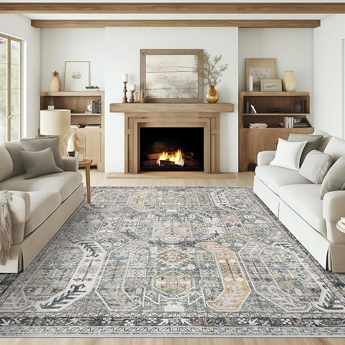 9x12 Area Rug,Ultra-Thin Washable Rugs for Living Room,Non-Slip Lightweight Foldable Area Rug,Stain Resistant Vintage Large Rugs (Green/Gold, 9'x12')