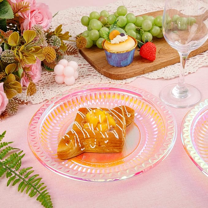 WELLIFE Iridescent Plastic Plates 9 Inch, 150 Count Disposable Plastic Dessert Plates for Disco Party Decorations Wedding Baby Shower Birthday Easter Valentine's Day Party
