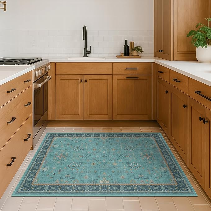 Washable Teal Rugs for Entryway Indoor - 3x5 Throw Rug for Large Kitchen, Bedroom Bedside, Bathroom, Mudroom, Boho Turquoise Modern Décor, Non Slip Low Pile Fade Resistant