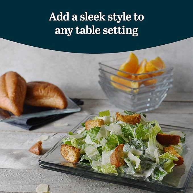 Libbey Tempered Glass Dinnerware Set, Sleek Square Clear Glass Plates and Bowls Set of 12, Dishwasher Safe Dinnerware for Parties or Everyday Use