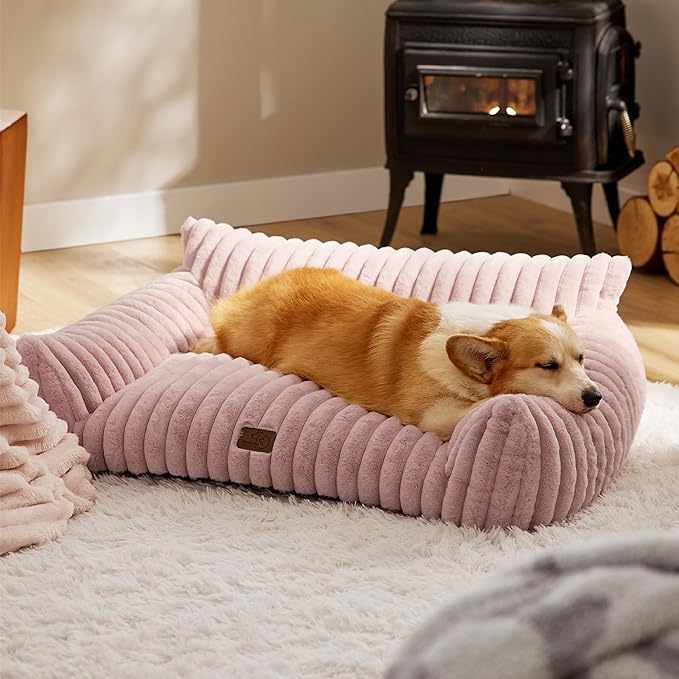 Bedsure Cute Dog Couch for Pets - Fluffy Dog Sofa with Premium Soft Corduroy Fleece, Pet Couch Bed with Washable Cover, Supportive Pet Sofa Bed for Medium Large Dogs, 36inch, Blush Pink