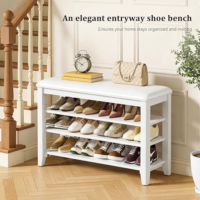 Entryway Shoe Storage Bench with Leather Cushion, Shoe Organizer Bench for Entryway, Ideal for Hallways Front Doors Entrances Mudrooms Featuring Rubberwood And 3 Height-Adjustable & Removable Shelve