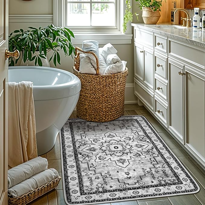 LBRO2M Boho Rug for Entryway Indoor Washable Rugs 3X5 Front Door Carpet Gray Non Slip Throw Rug, Small Rug for Bathroom Kitchen Rugs Pet Friendly Area Rugs Low Piles (3'X5' Light Gray)