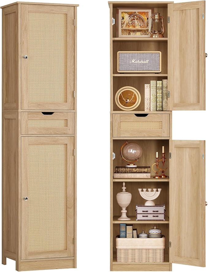 TEENFON 67" H Tall Storage Cabinet with 2 Rattan Doors and 1 Drawer, Narrow Rattan Cabinet with Adjustable Shelves, for Living Room, Entryway, Kitchen, Natural