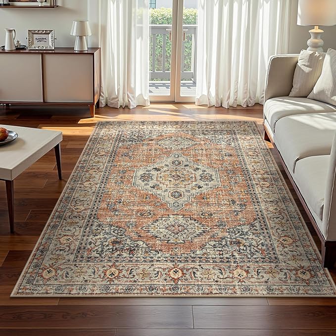 Lahome Oriental Washable Rugs 5x7, Soft 5x7 Rug for Bedroom Living Room, Ultra-Thin Non Slip Stain Resistant Vintage Throw Carpet for ?랣ining Room Office, Peach/Orange