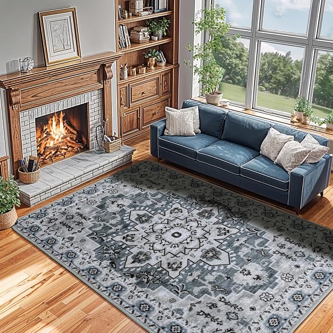 LBRO2M Boho Area Rug 9X12 Washable Rugs for Bedroom Low Piles Indoor Carpet, Non Slip Soft Rug for Living Room, Dining Room, Rug Foldable Pet Friendly Area Rugs Stain Resistant (9'X12' Dusty Blue)