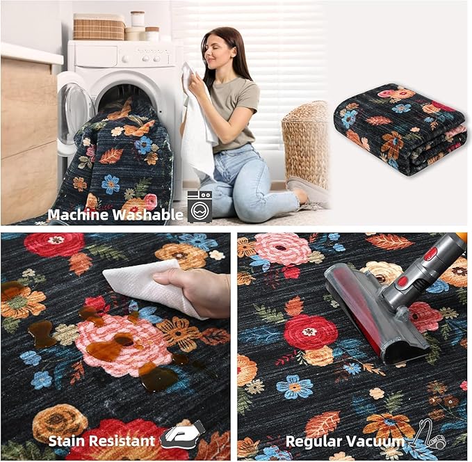 8x10 Area Rugs for Living Room: Washable Rug Stain Resistant Distressed Vintage Floral Rug Non Slip Low Pile Faux Wool Soft Large Area Rugs for Bedroom Bedside Farmhouse Dining Room Kitchen Nursery