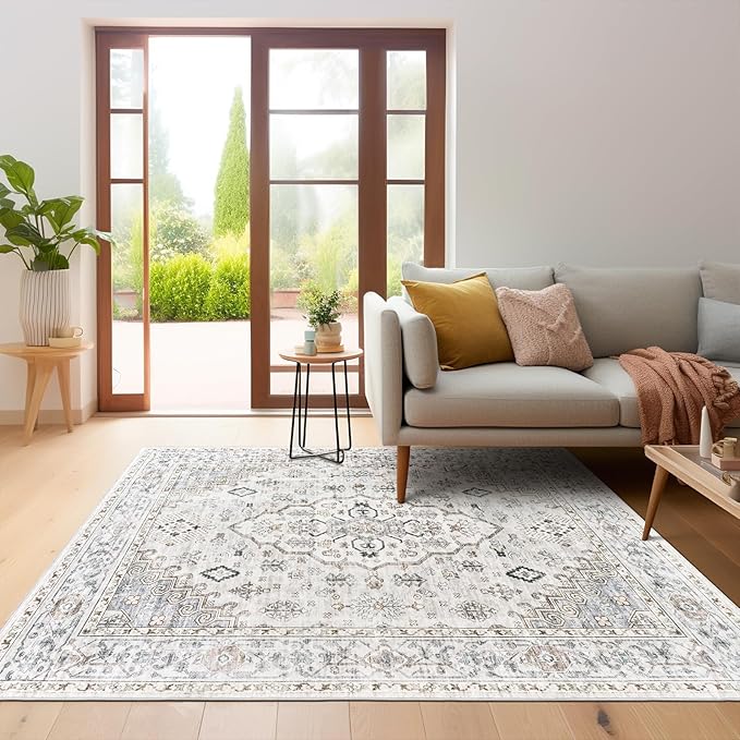 6x9 Area Rugs for Living Rooms, Stain Resistant Neutral Washable Rugs for Dining Rooms, Floral Vintage Non-Slip Thin Large Size Area Rug(Light Grey)