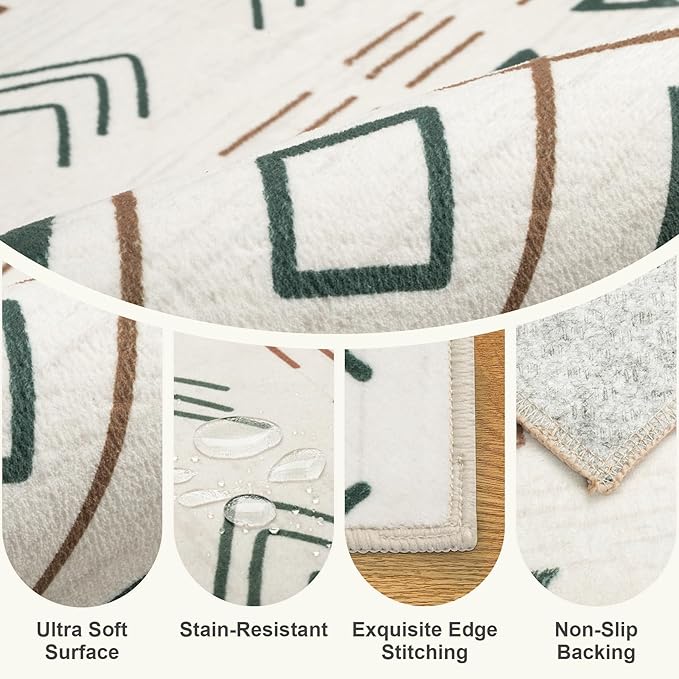 5x7 Area Rugs Living Room Rug: Washable Rug Neutral Lagre Soft Thin Carpet Indoor Floor Non Slip Boho Geometric Moroccan Carpets for Bedroom Dining Room Farmhouse Nursery Office - Brown Green