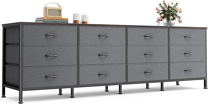 Huuger 70 Inch Dresser for Bedroom, TV Stand for 65, 75, 80 Inch TV, 12 Drawer Long Dresser, Large Storage Organizer Unit, Wide Chest of Drawer with Storage, Fabric Drawer for Living Room, Dark Grey