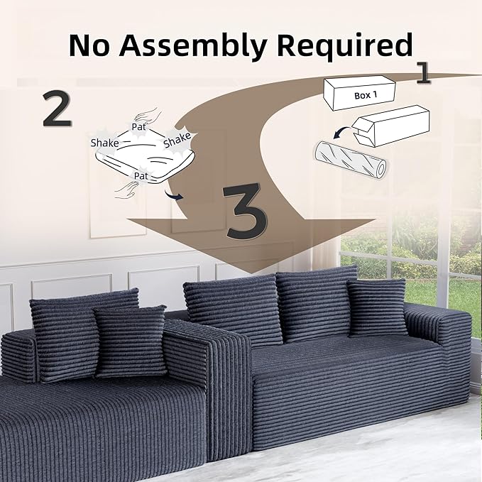 Cloud Sectional Couch, 104”L-Shape Large Oversized Sofa with Right Chaise Lounge, Modular Sleeper Couch with Pillows & Deep Seat, Flannel Velvet Compressed Sofa for Living Room, Dark Gray