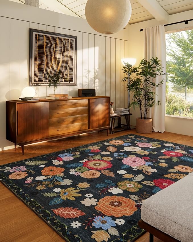 Machine Washable Bedroom Area Rug: 5'x7' Living Room Rug Floral Vintage Large Rugs Stain Resistant Non Slip Low Pile Faux Wool Soft Rug for Dining Room Bedside Kitchen Entryway Nursery Home Office