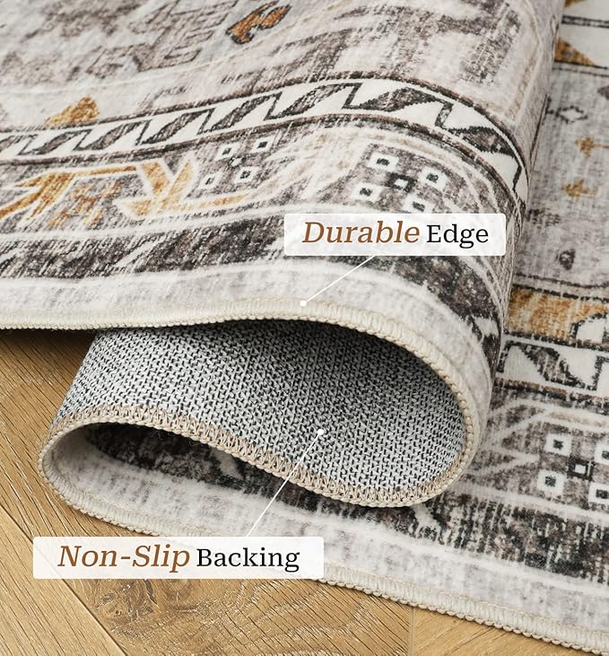 Washable Rug 8x10 Area Rugs for Living Room - Stain Resistant Non-Slip Backing Rugs for Bedroom,Ultra-Thin Vintage Large Area Rug (Brown/Gold, 8'x10')