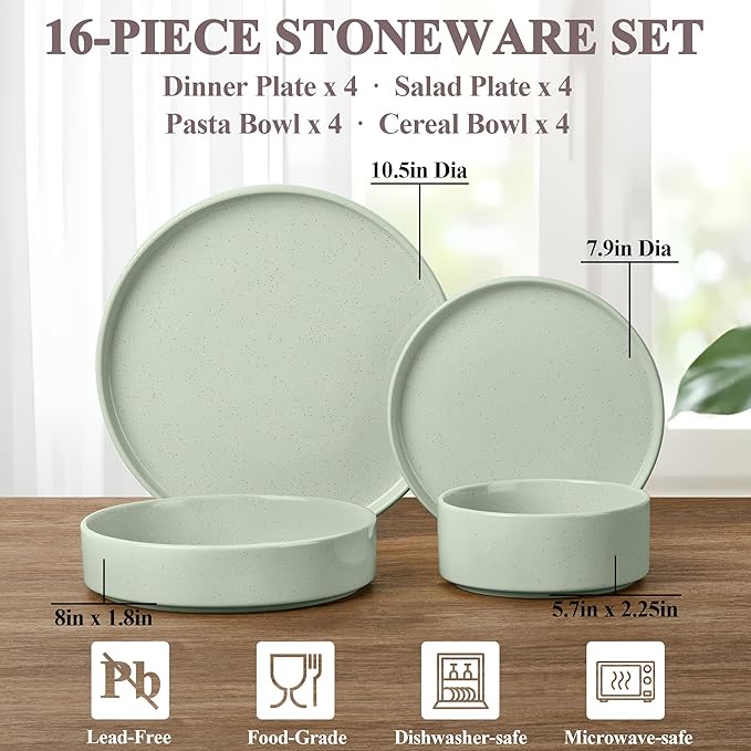 Herogo 16 Piece Plates and Bowls Set, Porcelain Dinnerware Sets with Pasta Bowls, Kitchen Dinner Ware Dishes Service for 4, Chip & Scratch Resistant Dishware, Speckled Light Green