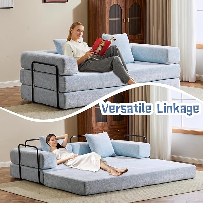 Convertible Sofa Bed, Compression Futon Sofa with Pillows & Armrest, Foldable Mattress Couch with Fixed-Shape Frame, Comfy Couch Lounge Sleeper Bed for Living Room Bedroom, Light Blue