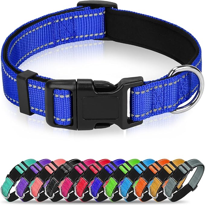 Reflective Dog Collar for Mediunm Dogs, Adjustable Collar with Soft Neoprene Padded, Durable Buckle for Daily Walking,Navy Blue,M, 1" Width