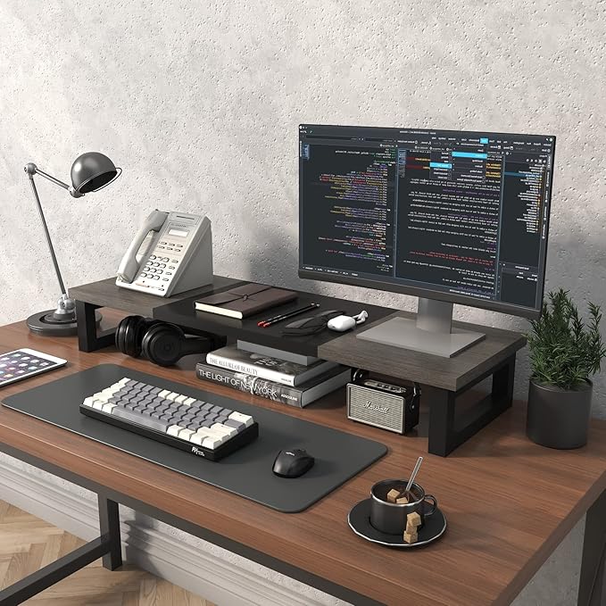 WESTREE Dual Monitor Stand Riser, Wood and Steel Monitor Stand Riser, Computer Monitor Stand for 2 Monitors, Multi-Purpose Desktop Storage Stand for Computer,Laptop,Printer,TV