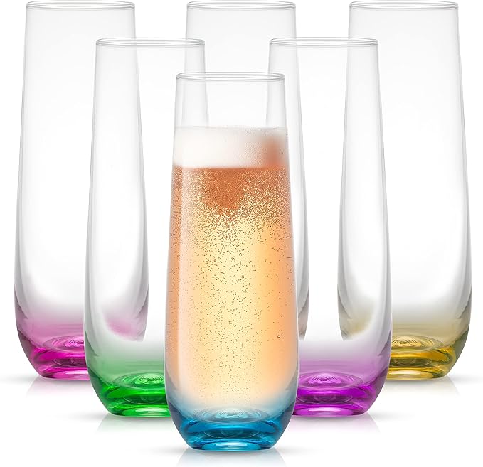 JoyJolt Hue Stemless Champagne Flutes Set of 6 Colored Glasses, 9.5oz Cocktail Glass Set for Mimosa, Stemless Champagne Glasses, Prosecco Wine Flute, Bar Glassware