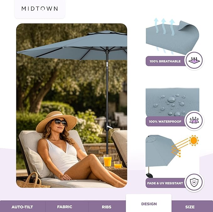 Midtown Umbrellas - The Lean 10 Ft Patio Umbrella with Fade-Resistant Sunbrella Fabric, Auto-Tilt Aluminum Frame and 8 Reinforced Ribs for Deck, Pool & Garden - Canvas Glacier Canopy, Black Pole