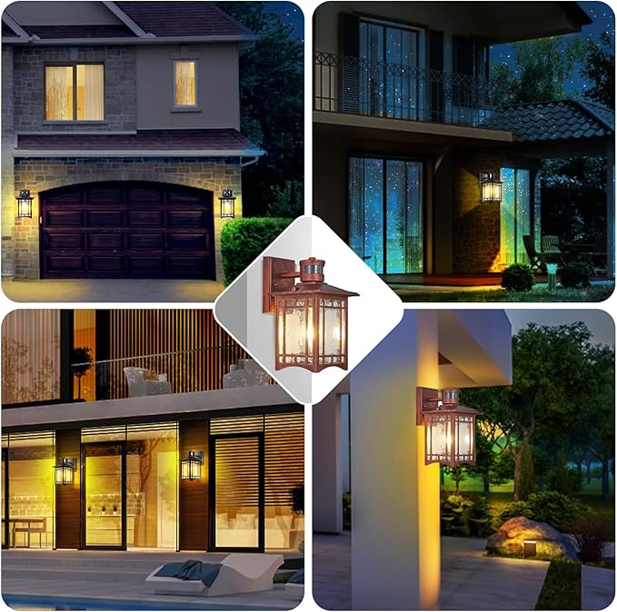 Dusk to Dawn Motion Sensor Outdoor Lights - Dark red Exterior Light Fixture Wall Mount for Outside House Porch Patio Garage - Yard Front Motion Detector Lantern - Waterproof Anti-Rust Lighting