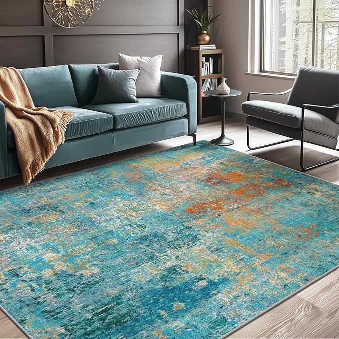 Washable Area Rugs 8'x10' Non-Slip Modern Abstract Soft for Living Room Entryway Bedroom Nursery, Print Pattern, Teal Blue Green Orange Rust Red Colorful