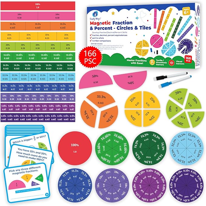 178 PSC Magnetic Fraction Tiles & Fraction Circles with Decimals & Percentages, Fraction Strips, Bars, Fraction Magnets, Fraction Manipulatives Class Set Kit, Fractions for Kids Math - Simply Magic