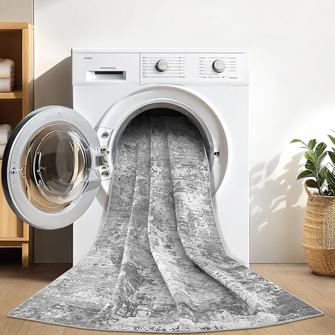 Area Rugs for Living Room: 6x9 Abstract Washable Rug Modern Neutral Large Soft Stain Resistant Non-Slip Backing Machine Table for Bedroom Dining Room Indoor Home Office Carpet - Light Grey