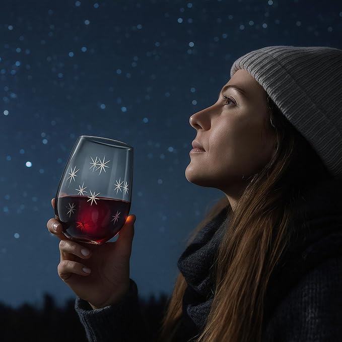 SHOSHIN Stemless Wine Glasses Set of 4 – 18oz Hand-Cut Lead-Free Crystal with Exquisite Star Pattern, Dishwasher Safe, Perfect for Parties and Weddings