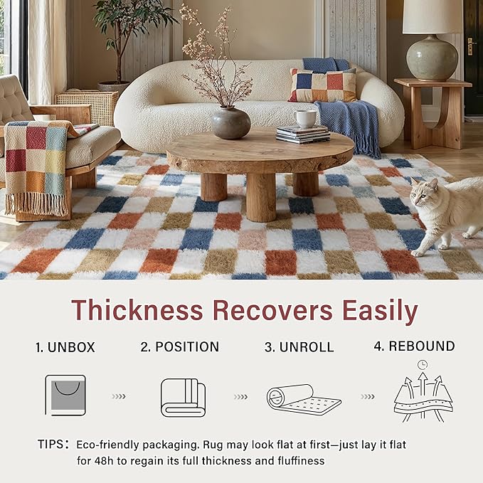 Checkered Rug 8x10 for Living Room, Modern Rainbow Shag Rug Washable Non-Slip Large Area Rug Super Soft Indoor Fuzzy Carpet Fluffy Rugs for Bedroom Home Aesthetic Decor