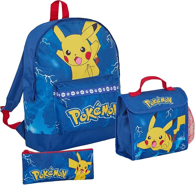 Pokemon Backpack + Lunch Bag + Pencil Case 3 Piece Pikachu School Bag Set College Travel Rucksack