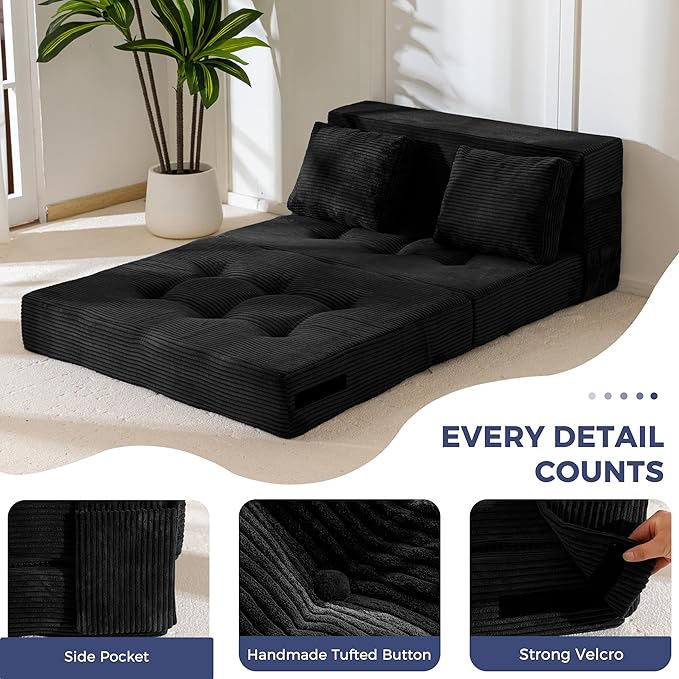 MAXYOYO Convertible Sofa Bed, Fold Out Sleeper Sofa with Pillow, 4 in 1 Tufted Folding Couch Bed Foam Floor Couch, Lazy Chair for Living Room Bedroom Guest Room, Black