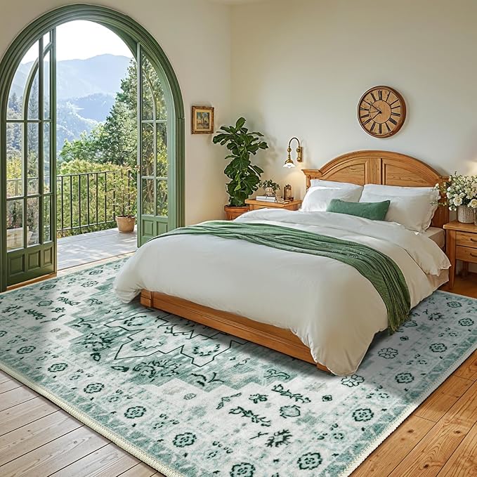 LBRO2M Boho Area Rug 6X9 Washable Rugs for Bedroom Low Piles Indoor Carpet, Non Slip Soft Rug for Living Room, Dining Room, Foldable Pet Friendly Area Rugs Stain Resistant (6'X9' Light Green)