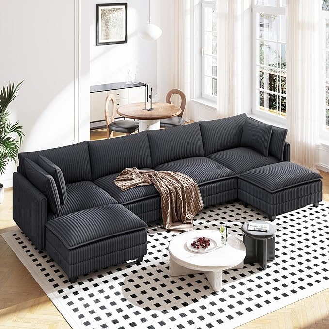 Vesgantti 143" U Shaped Sectional Modular Couch, Comfy Corduroy Upholstered Modular Cloud Sofas for Living Room, Modern Sectional Sofa with 2 Ottoman Deep Seat, Dark Grey