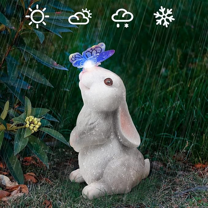 Garden Statue Outdoor Decor-Rabbit with Solar Butterfly Changing Lights Garden Statues,Bunny Statue for Patio,Balcony,Yard,Lawn Ornament,Gardening Gifts for Mom Grandma