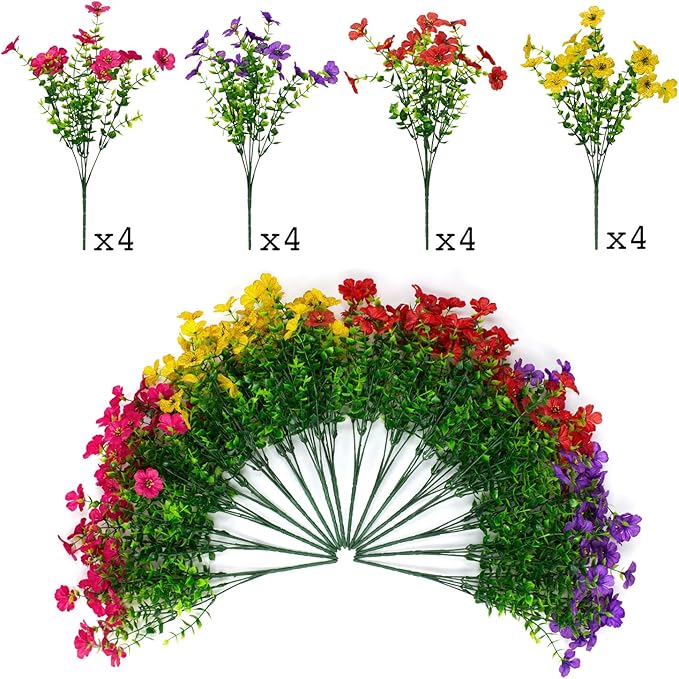 16 Bundles Artificial Flowers Outdoor Spring Summer Decoration Fake Silk Colorful Daisy Eucalyptus Realistic UV Outside Faux Plants for Garden Porch Window Box Home Decor(Red Yellow Pink Purple)