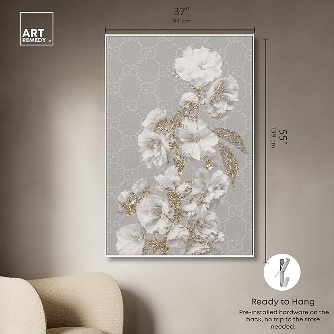Art Remedy Floral in Classic Fashion Canvas Delicate Farmhouse Wall Art, White Frame, 36" x 54"