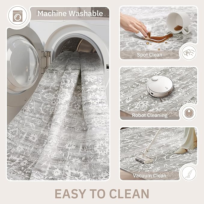 5x7 Area Rugs for Living Room, Washable Vintage Floral Non-Slip Low Pile Natural Rug Soft Throw Carpet for Dining Room Bedroom Home Office Nursery (Grey, 5'x7')