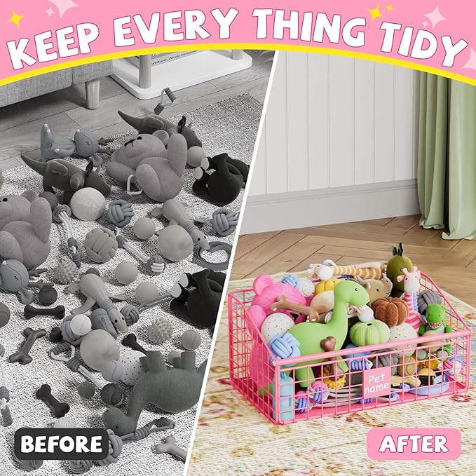 Indestructible Dog Toy basket, Medium Toy Box for Dogs,Pet Toy Bin Dog Metal Basket for Toys, Toy Storage Organizer, Living Room Area (Pink)