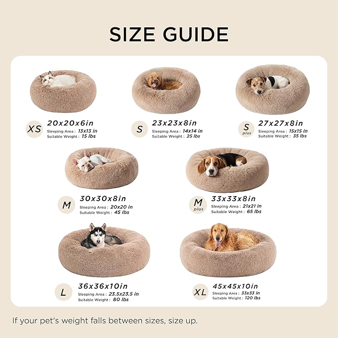 Bedsure Calming Dog Bed Medium Size Dog - Donut Washable Medium Pet Bed, 30 inches Anti-Slip Round Fluffy Plush Faux Fur Cat Bed, Fits up to 45 lbs Pets, Camel