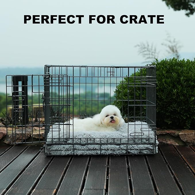 Bedfolks Waterproof Crate Bed, Plush Dog & Cat Kennel Pad with Removable Cover, Faux Fur, Washable, 23"x18", Solid Light Grey