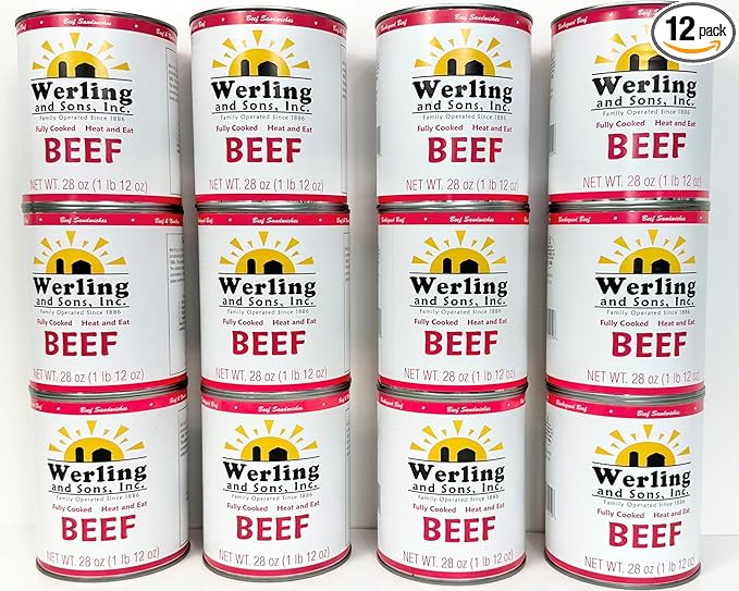 Werling Meats Canned Beef 28 Oz Fully Cooked, Heat & Eat | Shelf Stable Canned Meat for Pantry Staples, Everyday Meals, Camping, Hiking, Emergency & Survival | 5-Year Shelf Life | Made in USA | 12 Pack