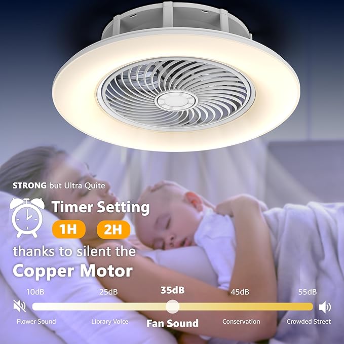 Bladeless Ceiling Fan with Light and Remote Control 22" Low Profile Ceiling Fan Modern Enclosed Multi-Speed Indoor Ceiling Fan 3 Color Temperatures Smart LED.