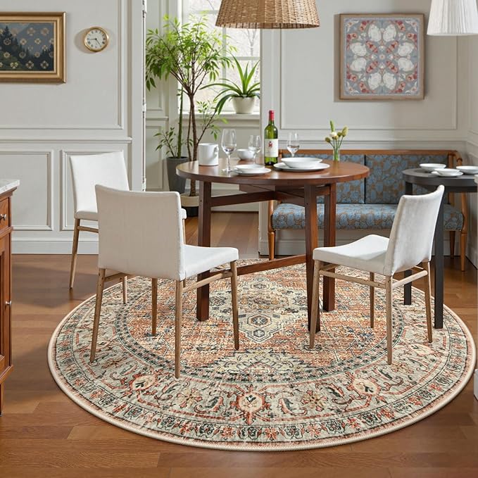 Lahome Oriental Washable Round Area Rug, Non-Slip Round Rugs 6ft Ultra-Thin, Soft Large Throw Circle Carpet for Living Room Bedroom Kitchen Nursery, Peach/Orange