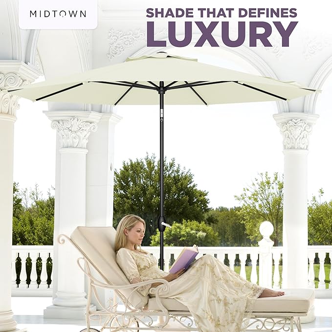 Midtown Umbrellas - The Lean 8 Ft Patio Umbrella with Fade-Resistant Sunbrella Fabric, Auto-Tilt Aluminum Frame and 8 Reinforced Ribs for Deck, Pool & Garden - Canvas Natural Canopy, Black Pole