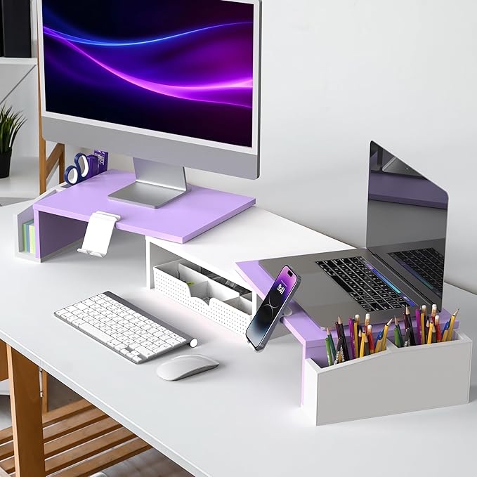 Simple Houseware Desk Dual Monitor Stand Riser with Drawer, Purple