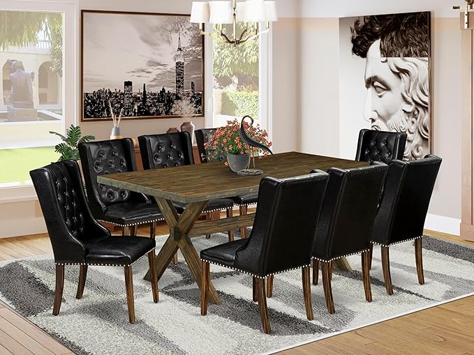 East West Furniture X777FO749-9 9 Piece Dining Table Set Includes a Rectangle Dining Room Table with X-Legs and 8 Black Faux Leather Parsons Chairs, 40x72 Inch, Multi-Color
